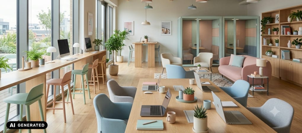 Offene Coworking-Fläche mit langem Arbeitstisch, Hochstühlen und Telefonboxen